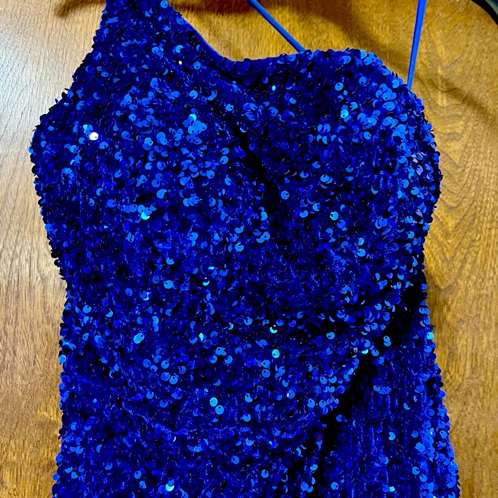 Full length formal sequin dress, royal blue, size 8. Like new.